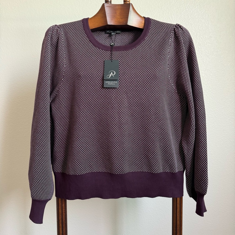 NWT Adrianna Papell Patterned Knit Sweater – Crew Neck, Puff Sleeves (Size L)